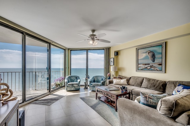 1990 N Waccamaw Dr Unit 1008, Murrells Inlet, SC 29576 - tiled living room featuring expansive windows, a water view, and a ceiling fan