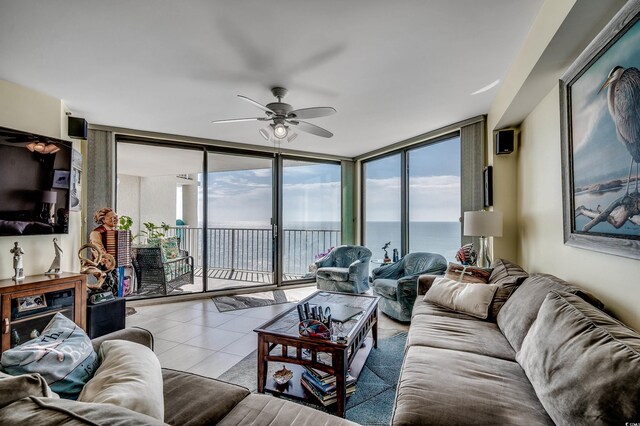 1990 N Waccamaw Dr Unit 1008, Murrells Inlet, SC 29576 - tiled living room with a wall of windows, a ceiling fan, a water view, and healthy amount of natural light