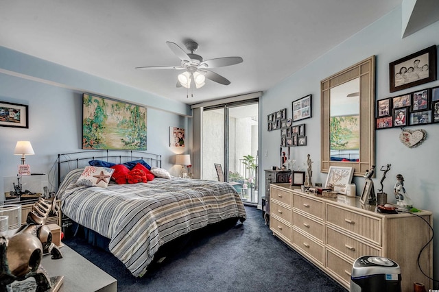 1990 N Waccamaw Dr Unit 1008, Murrells Inlet, SC 29576 - bedroom featuring access to exterior, dark carpet, floor to ceiling windows, and a ceiling fan
