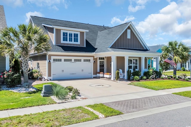 1145 Captain Hooks Way N, Myrtle Beach, SC 29582 - view of front of house featuring board and batten siding, covered porch, concrete driveway, a garage, and a shingled roof