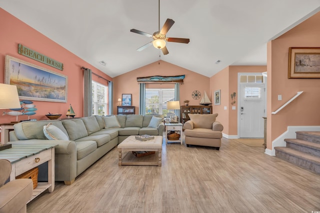 1145 Captain Hooks Way N, Myrtle Beach, SC 29582 - living room featuring light wood-type flooring, a ceiling fan, lofted ceiling, and stairway