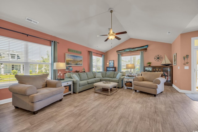 1145 Captain Hooks Way N, Myrtle Beach, SC 29582 - living area with light wood-style flooring, a ceiling fan, and vaulted ceiling