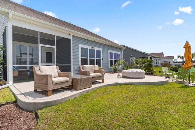 2572 Brescia St, Myrtle Beach, SC 29579 - back of house with a patio area, a sunroom, a yard, an outdoor hangout area, and roof with shingles