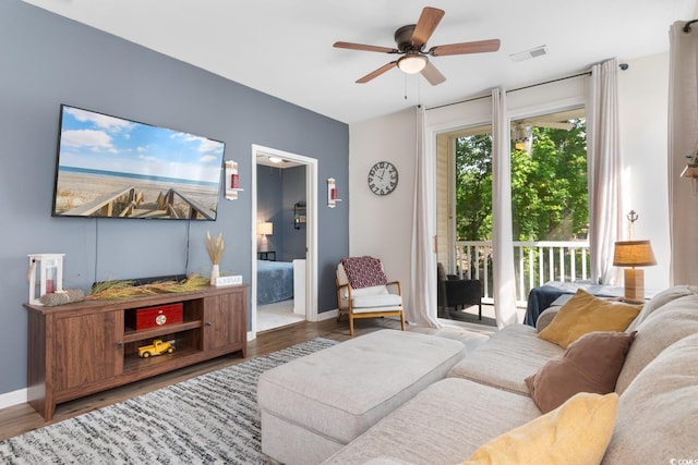 1298 River Oaks Dr Unit 5-I, Myrtle Beach, SC 29579 - living room featuring a ceiling fan, wood finished floors, and baseboards