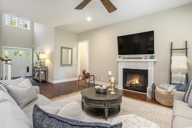 769 Country Club Dr, Pawleys Island, SC 29585 - living room featuring wood finished floors, ceiling fan, baseboards, a warm lit fireplace, and recessed lighting