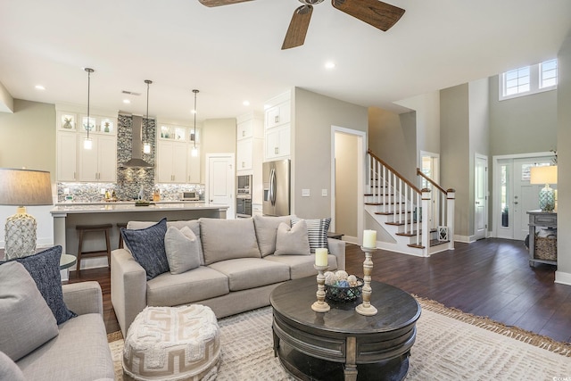 769 Country Club Dr, Pawleys Island, SC 29585 - living area with dark wood-style flooring, stairs, ceiling fan, recessed lighting, and baseboards