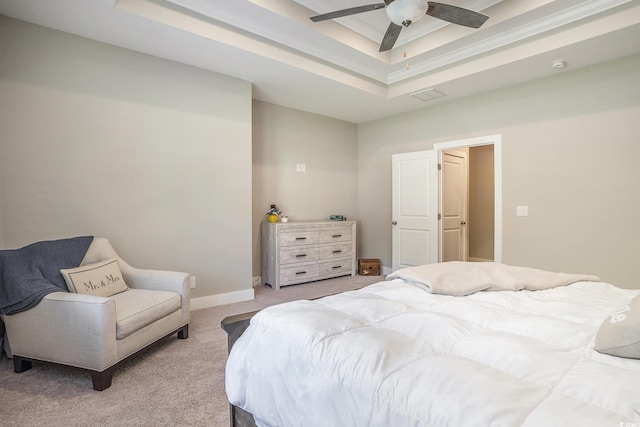 769 Country Club Dr, Pawleys Island, SC 29585 - bedroom featuring a tray ceiling, light colored carpet, ceiling fan, baseboards, and crown molding
