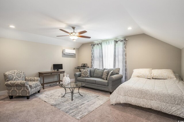 769 Country Club Dr, Pawleys Island, SC 29585 - carpeted bedroom with a wall mounted AC, lofted ceiling, a ceiling fan, recessed lighting, and baseboards