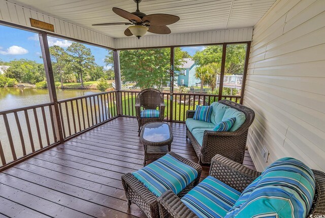 521 Bay Dr, Garden City Beach, SC 29576 - sunroom / solarium with a water view, ceiling fan, and an outdoor living space