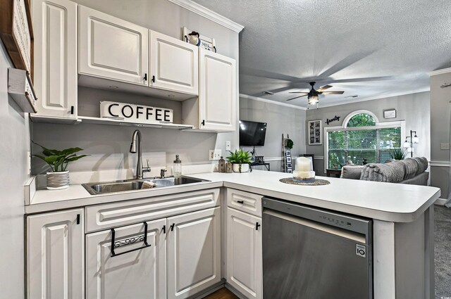 4251 Hibiscus Dr Unit 202, Little River, SC 29566 - kitchen featuring dishwasher, a sink, a peninsula, open shelves, and a ceiling fan