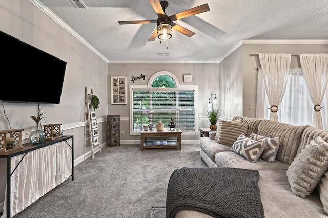 4251 Hibiscus Dr Unit 202, Little River, SC 29566 - living room with a textured ceiling, ceiling fan, crown molding, carpet floors, and baseboards