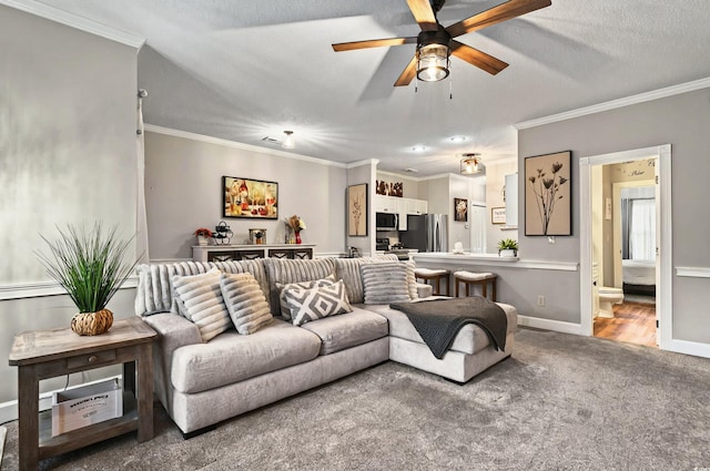 4251 Hibiscus Dr Unit 202, Little River, SC 29566 - living area with ceiling fan, crown molding, carpet, baseboards, and a textured ceiling
