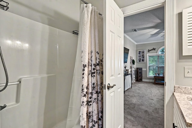 4251 Hibiscus Dr Unit 202, Little River, SC 29566 - full bath with a shower with curtain, ornamental molding, vanity, and baseboards