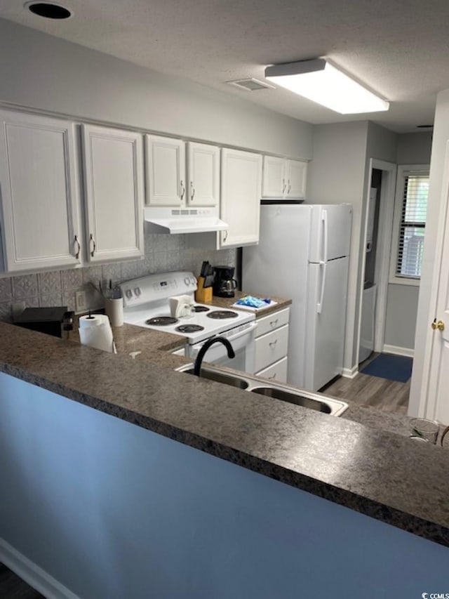 4107 Pinehurst Cir Unit Dd-15, Little River, SC 29566 - kitchen with white appliances, under cabinet range hood, dark wood finished floors, tasteful backsplash, and white cabinetry