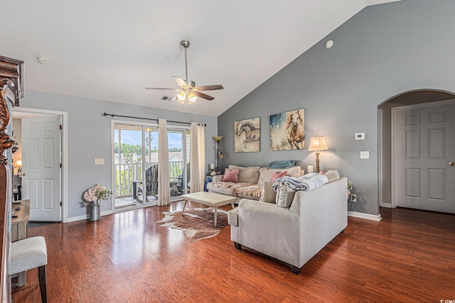 117 Butkus Dr Unit 6, Myrtle Beach, SC 29588 - living room with ceiling fan, wood finished floors, arched walkways, baseboards, and high vaulted ceiling