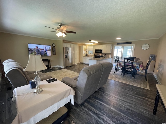4637 Dogwood St, Loris, SC 29569 - living room featuring ornamental molding, a textured ceiling, dark wood-style floors, ceiling fan, and baseboards