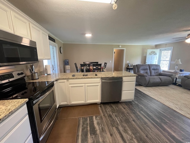 4637 Dogwood St, Loris, SC 29569 - kitchen featuring appliances with stainless steel finishes, a sink, open floor plan, dark wood-style flooring, and a peninsula