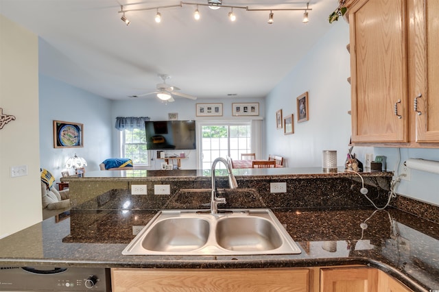 702 Beach Walk Pl Unit 702, Myrtle Beach, SC 29577 - kitchen with a sink, open floor plan, dark countertops, and a ceiling fan