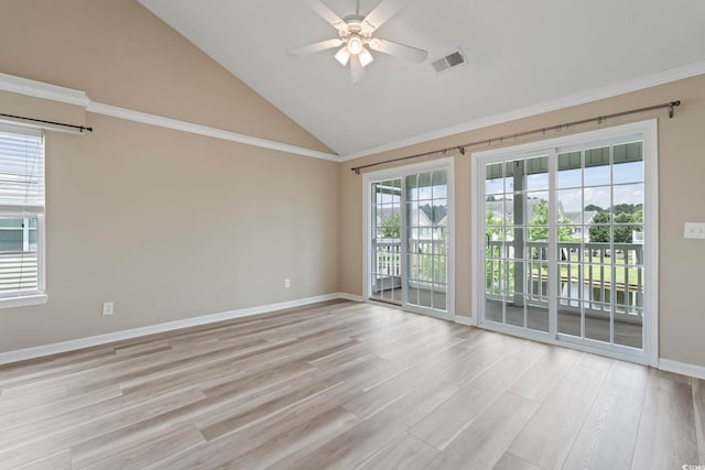 4924 Pond Shoals Ct Unit 201, Myrtle Beach, SC 29579 - spare room with ceiling fan, lofted ceiling, baseboards, plenty of natural light, and light wood-style floors