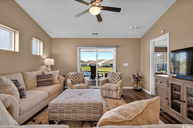 1631 Hepburn Dr, Little River, SC 29566 - living area with a ceiling fan, wood finished floors, vaulted ceiling, and baseboards