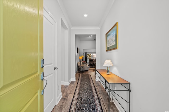 450 Oaklanding Ln, Murrells Inlet, SC 29576 - hall featuring ornamental molding, dark wood-type flooring, and baseboards