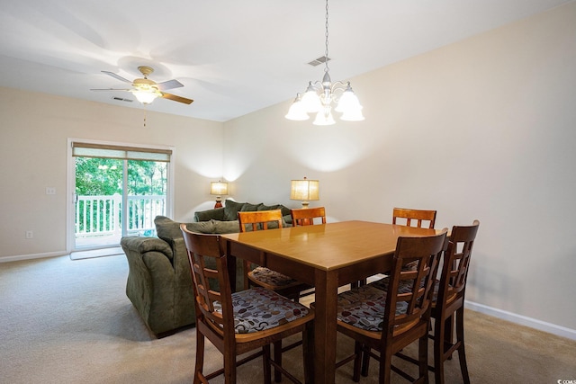 6253 Catalina Dr Unit 1523, North Myrtle Beach, SC 29582 - dining space featuring light colored carpet, a chandelier, baseboards, and ceiling fan