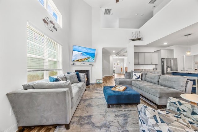 1008 Mary Read Dr, North Myrtle Beach, SC 29582 - living area featuring plenty of natural light, baseboards, a towering ceiling, and wood finished floors