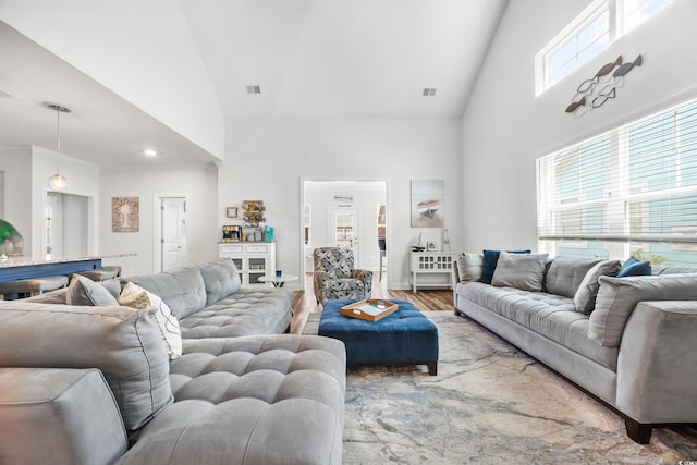 1008 Mary Read Dr, North Myrtle Beach, SC 29582 - living room featuring high vaulted ceiling, wood finished floors, and ornamental molding