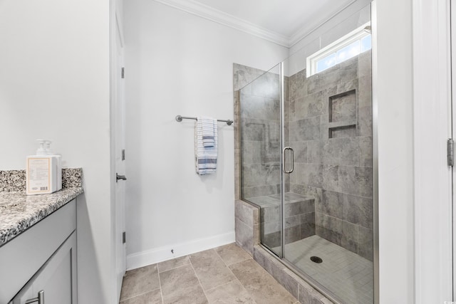 1008 Mary Read Dr, North Myrtle Beach, SC 29582 - full bathroom with vanity, a stall shower, and ornamental molding