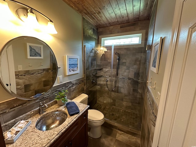 5718 Herring Gull Cir N, Myrtle Beach, SC 29582 - full bath with toilet, wooden ceiling, vanity, a shower stall, and tile walls