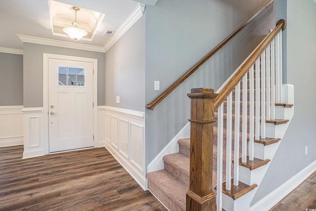 2004 Potomac Ct, Myrtle Beach, SC 29579 - entrance foyer with dark wood-style floors, crown molding, a wainscoted wall, stairway, and a decorative wall