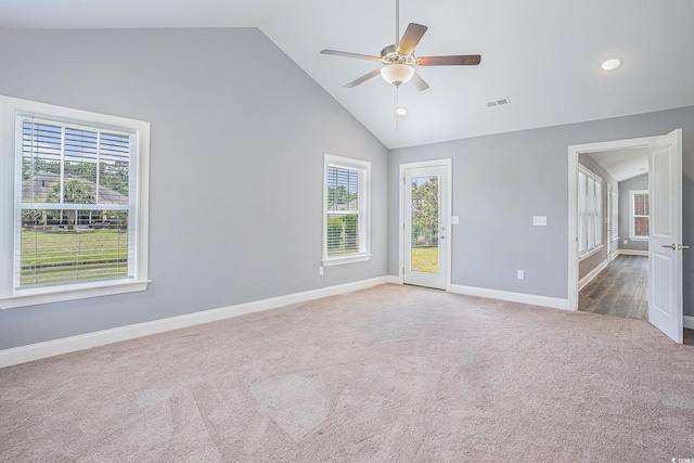 2004 Potomac Ct, Myrtle Beach, SC 29579 - unfurnished room with carpet flooring, ceiling fan, high vaulted ceiling, healthy amount of natural light, and baseboards