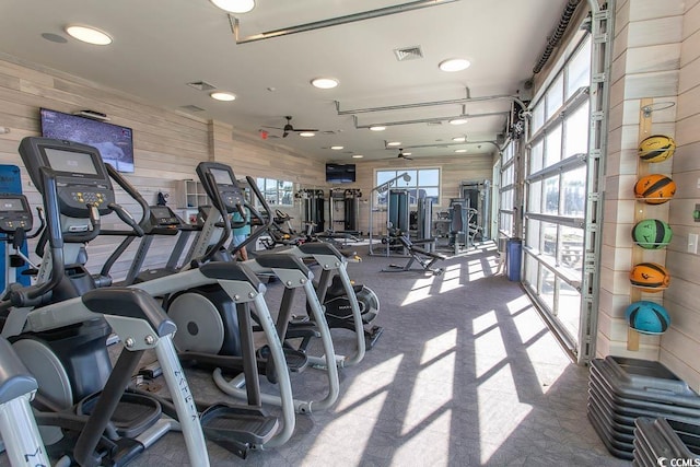 5059 Sundrop Ln, Little River, SC 29566 - exercise room with wooden walls and recessed lighting