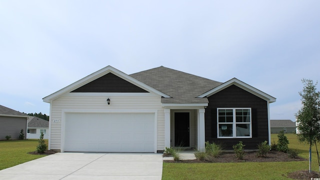 140 Dagger Ct, Myrtle Beach, SC 29588 - single story home featuring concrete driveway, a front lawn, a garage, and a shingled roof