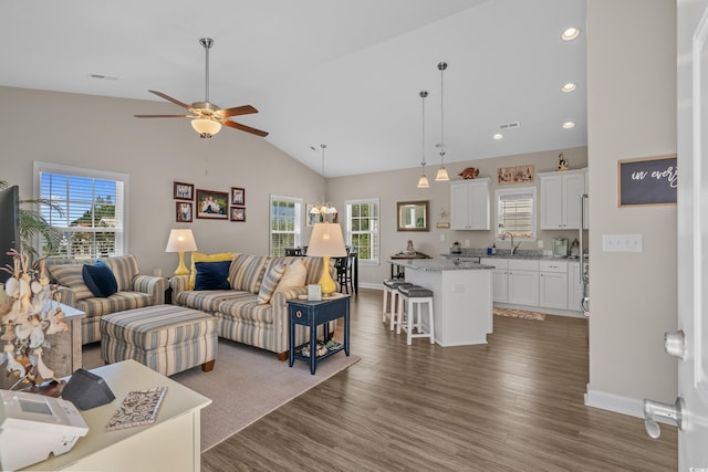 4319 Grande Harbour Blvd, Little River, SC 29566 - living area featuring a ceiling fan, dark wood finished floors, baseboards, recessed lighting, and high vaulted ceiling