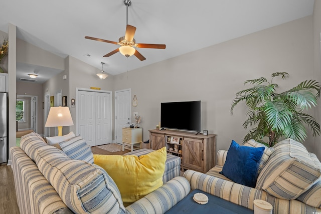 4319 Grande Harbour Blvd, Little River, SC 29566 - living room with a ceiling fan, lofted ceiling, and wood finished floors