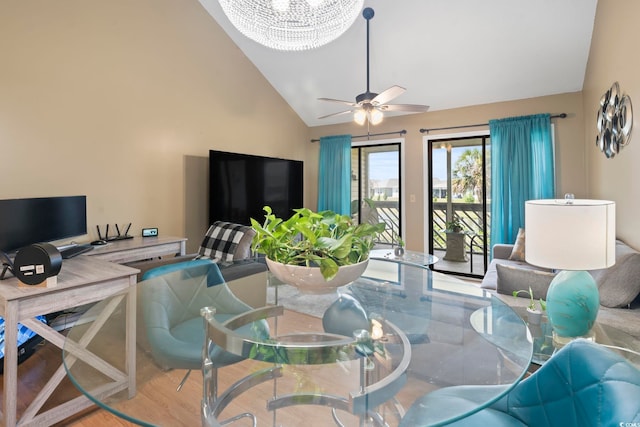 1100 Possum Trot Rd Unit C-203, North Myrtle Beach, SC 29582 - office with a ceiling fan, high vaulted ceiling, wood finished floors, and a chandelier