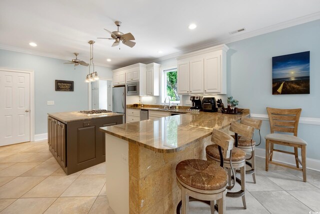 113 Trotter Trl, Georgetown, SC 29440 - kitchen with appliances with stainless steel finishes, a sink, a kitchen island, a ceiling fan, and crown molding