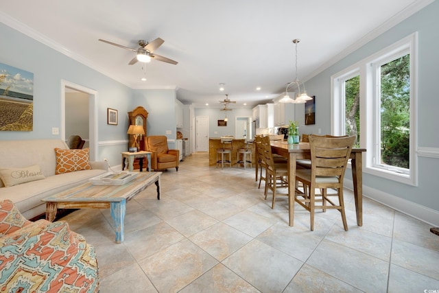 113 Trotter Trl, Georgetown, SC 29440 - dining area featuring plenty of natural light, ornamental molding, light tile patterned flooring, a ceiling fan, and recessed lighting