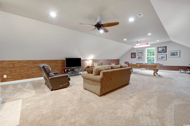 113 Trotter Trl, Georgetown, SC 29440 - carpeted living area with lofted ceiling, a ceiling fan, billiards, and recessed lighting