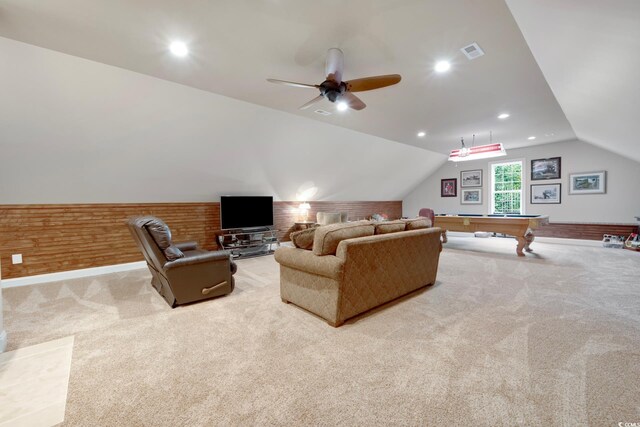 113 Trotter Trl, Georgetown, SC 29440 - carpeted living area with vaulted ceiling, ceiling fan, billiards table, and recessed lighting