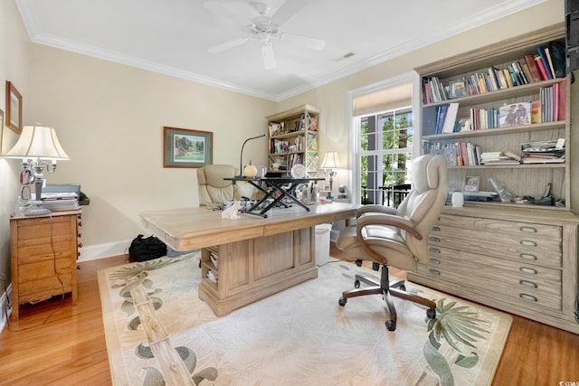 113 Trotter Trl, Georgetown, SC 29440 - home office featuring light wood finished floors, ornamental molding, a ceiling fan, and baseboards
