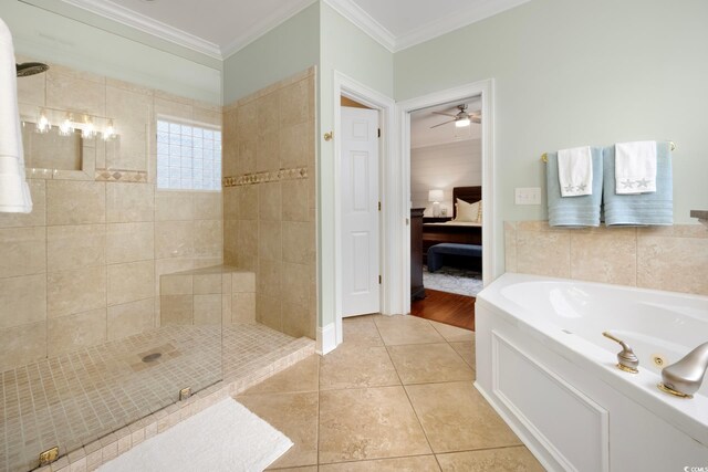 113 Trotter Trl, Georgetown, SC 29440 - bathroom featuring ensuite bathroom, a whirlpool tub, crown molding, tile patterned flooring, and a tile shower