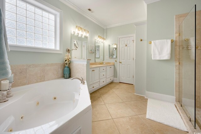 113 Trotter Trl, Georgetown, SC 29440 - full bathroom featuring vanity, a tub with jets, tiled shower, tile patterned floors, and crown molding
