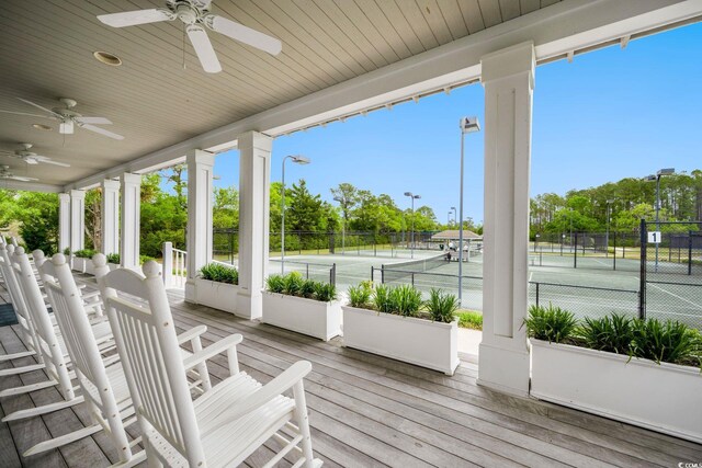 113 Trotter Trl, Georgetown, SC 29440 - wooden terrace featuring a tennis court and a ceiling fan