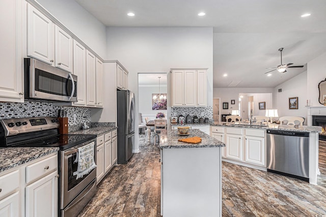 364 Palm Lakes Blvd, Little River, SC 29566 - kitchen with appliances with stainless steel finishes, a sink, a peninsula, dark wood-style flooring, and lofted ceiling