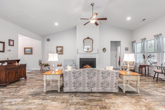 364 Palm Lakes Blvd, Little River, SC 29566 - living area with a warm lit fireplace, ceiling fan, high vaulted ceiling, baseboards, and recessed lighting