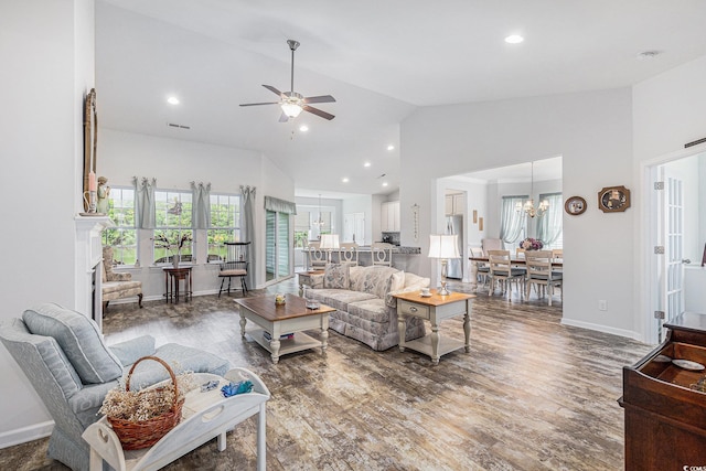 364 Palm Lakes Blvd, Little River, SC 29566 - living area featuring high vaulted ceiling, wood finished floors, ceiling fan, a chandelier, and baseboards