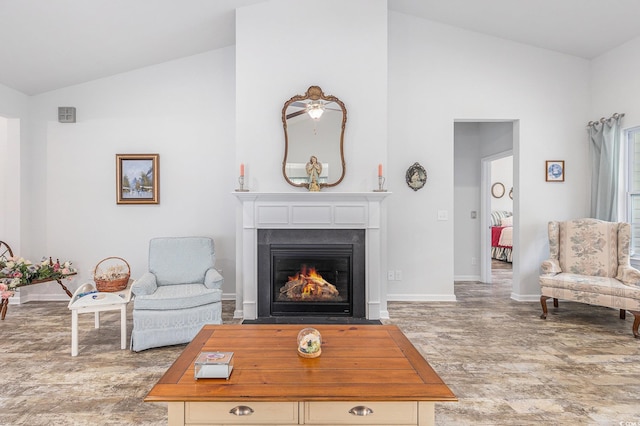 364 Palm Lakes Blvd, Little River, SC 29566 - living area featuring a fireplace with flush hearth, high vaulted ceiling, baseboards, and wood finished floors