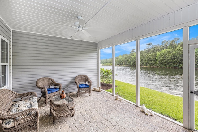 364 Palm Lakes Blvd, Little River, SC 29566 - unfurnished sunroom with a water view and a ceiling fan